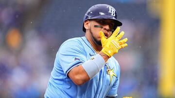 KANSAS CITY, MISSOURI - JULY 3: Isaac Paredes #17 of the Tampa Bay Rays celebrates after hitting a home run against the Kansas City Royals during the first inning at Kauffman Stadium on July 3, 2024 in Kansas City, Missouri.   Kyle Rivas/Getty Images/AFP (Photo by Kyle Rivas / GETTY IMAGES NORTH AMERICA / Getty Images via AFP)