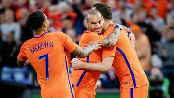 Wesley Sneijder celebra un gol con la selección.