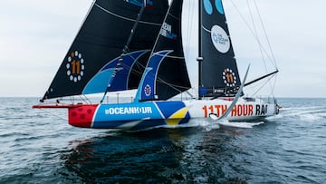 The Ocean Race 2022-23 - June 18, 2023. The 11th Hour Racing Team leaving The Hague for delivery to Genoa, Italy, after completing repairs to the damaged port side.
