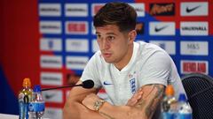 England&#039;s defender John Stones speaks at a press conference at the England media centre in Repino, during the Russia 2018 World Cup, on July 5, 2018. / AFP PHOTO / PAUL ELLIS
