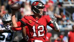 CHARLOTTE, NORTH CAROLINA - OCTOBER 23: Tom Brady #12 of the Tampa Bay Buccaneers throws a pass in the third quarter against the Carolina Panthers at Bank of America Stadium on October 23, 2022 in Charlotte, North Carolina. (Photo by Grant Halverson/Getty Images)