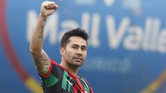 Ftbol, Curico vs Palestino.  Decimacuarta fecha, campeonato 2019.  El jugador de Palestino Luis Jimenez celebra despues de convertir un gol contra Curico durante el partido de primera division realizado Estadio La Granja,Chile .  26/05/2019  Jose Robles/Photosport.