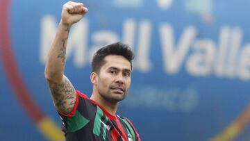 Ftbol, Curico vs Palestino.  Decimacuarta fecha, campeonato 2019.  El jugador de Palestino Luis Jimenez celebra despues de convertir un gol contra Curico durante el partido de primera division realizado Estadio La Granja,Chile .  26/05/2019  Jose Robles/Photosport.