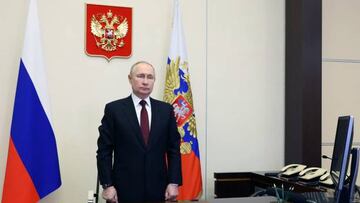 Russian President Vladimir Putin takes part in ceremony to commission new warships into the Russian navy, via a video link at the Novo-Ogaryovo state residence, outside Moscow, on December 29, 2022. (Photo by Mikhail Klimentyev / Sputnik / AFP) (Photo by MIKHAIL KLIMENTYEV/Sputnik/AFP via Getty Images)