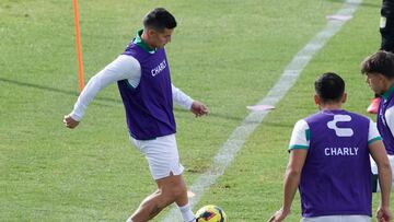 Colombian football player James Rodriguez controls the ball during a training session after signing for Mexican football club Leon at their training grounds in Leon, Guanajuato state, Mexico, on January 14, 2025. Colombian football star James Rodriguez has signed for Mexican football Club Leon after his brief and unsuccessful spell at Spanish La Liga side Rayo Vallecano, the two clubs announced on January 13. (Photo by MARIO ARMAS / AFP) (Photo by MARIO ARMAS/AFP via Getty Images)