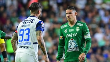 Sergio Ramos of Monterrey and James Rodriguez of Leon during the 17th round match between Leon and Monterrey as part of the Liga BBVA MX, Torneo Clausura 2025 at Nou Camp Leon Stadium, on April 20, 2025 in Leon, Guanajuato, Mexico.