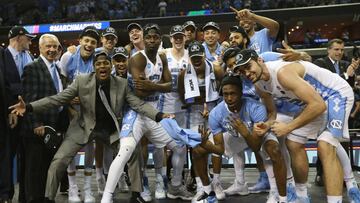 Mar 26, 2017; Memphis, TN, USA; The North Carolina Tar Heels react after defeating the Kentucky Wildcats in the finals of the South Regional of the 2017 NCAA Tournament at FedExForum. North Carolina won 75-73. Mandatory Credit: Nelson Chenault-USA TODAY Sports
