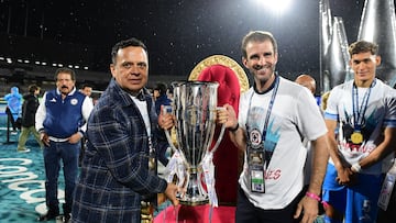 Victor Velazquez president of Cruz Azul and Ivan Alonso Sport Director with the Champion trophy during the final leg match between Cruz Azul and Vancouver Whitecaps as part of the CONCACAF Champions Cup 2025, at Olimpico Universitario Stadium on June 01, 2025 in Mexico City, Mexico.