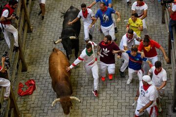 Imágenes del séptimo encierro de los Sanfermines 2022. La ganadería encargada de los toros de este séptimo encierro será la de Victoriano del Río, una de las más importantes del panorama taurino nacional.