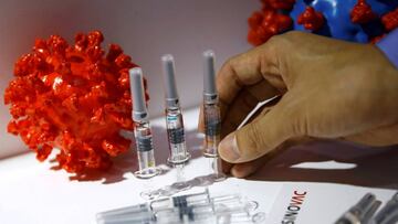 FILE PHOTO: A staff member places a coronavirus vaccine candidate from Sinovac Biotech Ltd at its booth for display during the 2020 China International Fair for Trade in Services (CIFTIS), following the COVID-19 outbreak, in Beijing, China September 5, 2020. REUTERS/Tingshu Wang/File Photo