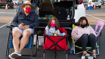People wearing facemasks pose outside their car as they watch performers from the Zoppe Italian Family Circus during the live drive-in event &#039;Concerts In Your Car&#039;, amid the novel coronavirus pandemic, at the Ventura County Fairgrounds and Event
