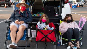 People wearing facemasks pose outside their car as they watch performers from the Zoppe Italian Family Circus during the live drive-in event 'Concerts In Your Car', amid the novel coronavirus pandemic, at the Ventura County Fairgrounds and Event