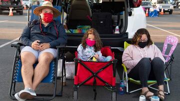 People wearing facemasks pose outside their car as they watch performers from the Zoppe Italian Family Circus during the live drive-in event &#039;Concerts In Your Car&#039;, amid the novel coronavirus pandemic, at the Ventura County Fairgrounds and Event