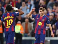 Soccer Football - LaLiga - FC Barcelona v Levante - Spotify Camp Nou, Barcelona, Spain - February 22, 2026 FC Barcelona's Fermin Lopez celebrates scoring their third goal with Lamine Yamal REUTERS/Albert Gea