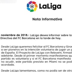 LaLiga, "decepcionada" con el Barça, retira la medida cautelar