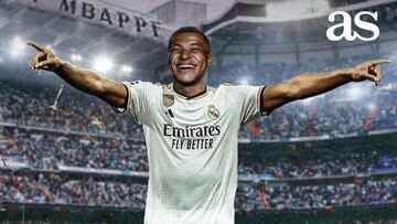 Montaje de Mbappé, con la camiseta del Real Madrid, sobre el césped del Bernabéu.