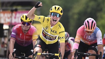 Team Jumbo Visma's Dutch rider Marianne Vos (C) celebrates as she cycles to the finish line to win the 6th stage of the new edition of the Women's Tour de France cycling race ahead of UAE Team ADQ's Italian rider Marta Bastianelli placing second (R) and Team SD Worx's Belgian rider Lotte Kopecky placing third (L), 129,2 km between Saint-Die-les-Vosges and Rosheim, on July 29, 2022. (Photo by Jeff PACHOUD / AFP)