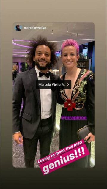 La capitana de la selección de USA, Megan Rapinoe, aduló al lateral izquierdo del Real Madrid, Marcelo, al conocerlo en la gala de los premios The Best.