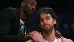 LOS ANGELES, CA - APRIL 28: Pau Gasol #16 of the Los Angeles Lakers is consoled by Kobe Bryant after coming out of the game in the second half against the San Antonio Spurs during Game Four of the Western Conference Quarterfinals of the 2013 NBA Playoffs at Staples Center on April 28, 2013 in Los Angeles, California. The Spurs defeated the Lakers 103-82. NOTE TO USER: User expressly acknowledges and agrees that, by downloading and or using this photograph, User is consenting to the terms and conditions of the Getty Images License Agreement.   Jeff Gross/Getty Images)thx
 == FOR NEWSPAPERS, INTERNET, TELCOS &amp; TELEVISION USE ONLY ==