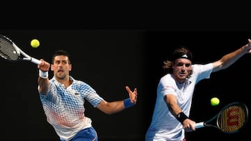 FILE PHOTO (EDITORS NOTE: COMPOSITE OF IMAGES - Image numbers 1459937550, 1459867210 - GRADIENT ADDED) In this composite image a comparison has been made between Novak Djokovic (L) and Stefanos Tsitsipas. They will meet in the Australian Open Men’s Final on January 29,2023 at Melbourne Park in Melbourne, Australia. ***LEFT IMAGE*** MELBOURNE, AUSTRALIA - JANUARY 27: Novak Djokovic of Serbia plays a forehand in the Semifinal singles match against Tommy Paul of the United States during day 12 of the 2023 Australian Open at Melbourne Park on January 27, 2023 in Melbourne, Australia. (Photo by Quinn Rooney/Getty Images) ***RIGHT IMAGE*** MELBOURNE, AUSTRALIA - JANUARY 27: Stefanos Tsitsipas of Greece plays a backhand in the Semifinal singles match against Karen Khachanov during day 12 of the 2023 Australian Open at Melbourne Park on January 27, 2023 in Melbourne, Australia. (Photo by Darrian Traynor/Getty Images)