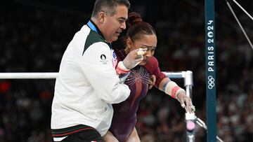 Pavel Oceguera Ornelas trainer and Natalia Escalera of Mexico during the Artistic Gymnastics competition Uneven Bars Womens Qualification as part of the Olympic Games Paris 2024 at Bercy Arena on July 28, 2024, Paris, France.