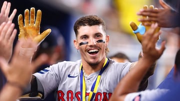 MIAMI, FLORIDA - JULY 02: Jarren Duran #16 of the Boston Red Sox celebrates with teammates after hitting a home run against the Miami Marlins during the eighth inning of the game at loanDepot park on July 02, 2024 in Miami, Florida. Megan Briggs/Getty Images/AFP (Photo by Megan Briggs / GETTY IMAGES NORTH AMERICA / Getty Images via AFP)