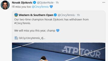 Djokovic tambi¨¦n se da de baja en Cincinnati y volver¨¢
en el US Open