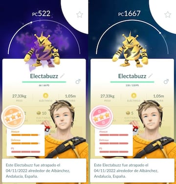 A la izquierda: un Electabuzz Oscuro con IVs casi perfectos. A la derecha, el Electabuzz, con IVs perfectos tras ser purificado