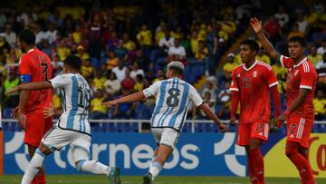 Argentina's Gino Infantino celebrates after scoring against Peru during the South American U-20 first round football match at the Pascual Guerrero stadium in Cali, Colombia, on January 25, 2023. (Photo by JOAQUIN SARMIENTO / AFP) (Photo by JOAQUIN SARMIENTO/AFP via Getty Images)