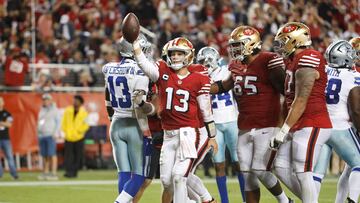 SANTA CLARA, CALIFORNIA - OCTOBER 27: Brock Purdy #13 of the San Francisco 49ers reacts after rushing for a touchdown during the third quarter against the Dallas Cowboys at Levi's Stadium on October 27, 2024 in Santa Clara, California. Lachlan Cunningham/Getty Images/AFP (Photo by Lachlan Cunningham / GETTY IMAGES NORTH AMERICA / Getty Images via AFP)
