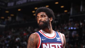 BROOKLYN, NY - APRIL 25: Kyrie Irving #11 of the Brooklyn Nets looks on during Round 1 Game 4 of the 2022 NBA Playoffs on April 25, 2022 at Barclays Center in Brooklyn, New York. NOTE TO USER: User expressly acknowledges and agrees that, by downloading and or using this Photograph, user is consenting to the terms and conditions of the Getty Images License Agreement. Mandatory Copyright Notice: Copyright 2022 NBAE (Photo by Nathaniel S. Butler/NBAE via Getty Images)