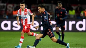 26 November 2019, Serbia, Belgrade: Red Star Belgrade's Mateo Garcia (L) and Bayern Munich's Philippe Coutinho battle for the ball during the UEFA Champions League Group B soccer match between Red Star Belgrade and Bayern Munich at Rajko Mitic S