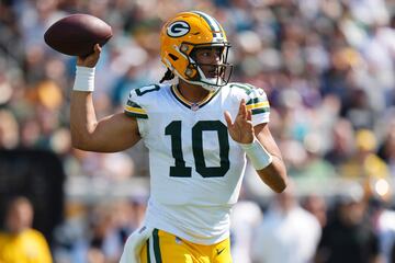 Jordan Love of the Green Bay Packers looks to pass against the Jacksonville Jaguars.