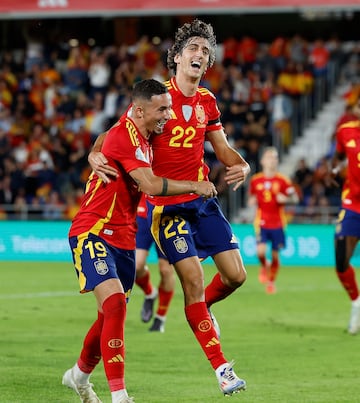 Bryan Gil,celebrando su gol, el segundo para España con Yéremy Pino.


