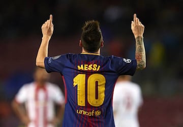 Messi scored Barcelona's second of the night to bring up a century of goals in European competition.