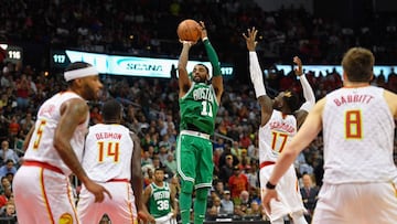 Nov 6, 2017; Atlanta, GA, USA; Boston Celtics guard Kyrie Irving (11) shoots a jump shot against the Atlanta Hawks during the second half at Philips Arena. Mandatory Credit: Dale Zanine-USA TODAY Sports