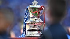 The FA Cup Trophy is displayed prior to the English FA Cup final football match between Chelsea and Liverpool, at Wembley stadium.