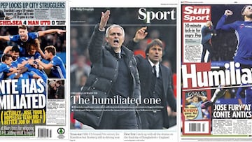 Los principales medios deportivos recogen en sus portadas la derrota del Manchester United ante el Chelsea y la discusi&oacute;n entre Mourinho y Conte tras el partido.