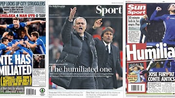 Los principales medios deportivos recogen en sus portadas la derrota del Manchester United ante el Chelsea y la discusión entre Mourinho y Conte tras el partido.