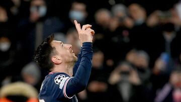 Paris Saint-Germain's Argentinian forward Lionel Messi celebrates after scoring a second goal during the UEFA Champions League first round day 6 Group A football match between Paris Saint-Germain (PSG) and Club Brugge, at the Parc des Princes stadium