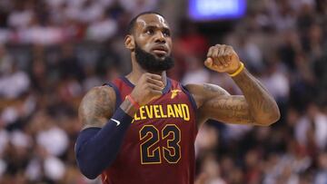 May 3, 2018; Toronto, Ontario, CAN; Cleveland Cavaliers forward LeBron James (23) celebrates after making a basket against the Toronto Raptors in game two of the second round of the 2018 NBA Playoffs at Air Canada Centre. The Cavaliers beat the Raptors 128-110. Mandatory Credit: Tom Szczerbowski-USA TODAY Sports