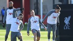 KIRKBY, ENGLAND - FEBRUARY 09: (THE SUN OUT, THE SUN ON SUNDAY OUT) Darwin Nunez, Kostas Tsimikas, Fabinho and Arthur Melo of Liverpool  during a training session at AXA Training Centre on February 09, 2023 in Kirkby, England. (Photo by John Powell/Liverpool FC via Getty Images)