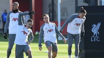 KIRKBY, ENGLAND - FEBRUARY 09: (THE SUN OUT, THE SUN ON SUNDAY OUT) Darwin Nunez, Kostas Tsimikas, Fabinho and Arthur Melo of Liverpool during a training session at AXA Training Centre on February 09, 2023 in Kirkby, England. (Photo by John Powell/Liverpool FC via Getty Images)