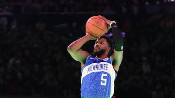 INDIANAPOLIS, INDIANA - FEBRUARY 17: Malik Beasley #5 of the Milwaukee Bucks participates in the 2024 Starry 3-Point Contest during the State Farm All-Star Saturday Night at Lucas Oil Stadium on February 17, 2024 in Indianapolis, Indiana. NOTE TO USER: User expressly acknowledges and agrees that, by downloading and or using this photograph, User is consenting to the terms and conditions of the Getty Images License Agreement. Stacy Revere/Getty Images/AFP (Photo by Stacy Revere / GETTY IMAGES NORTH AMERICA / Getty Images via AFP)