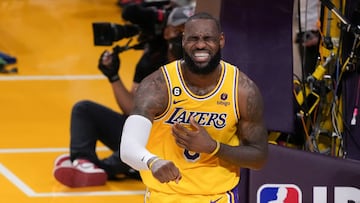 FILE PHOTO: May 22, 2023; Los Angeles, California, USA; Los Angeles Lakers forward LeBron James (6) reacts to a play against the Denver Nuggets during the fourth quarter in game four of the Western Conference Finals for the 2023 NBA playoffs at Crypto.com Arena. Mandatory Credit: Kirby Lee-USA TODAY Sports/File Photo