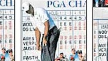 <b>MALA SUERTE. </b>Una corbata privó a Tiger Woods de conseguir un birdie en el hoyo 18 y batir el récord del campo, Southern Hills.
