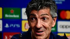 Real Sociedad's Spanish coach Imanol Alguacil holds a press conference at the Anoeta stadium in San Sebastian on November 7, 2023 on the eve of the UEFA Champions League group D football match between Real Sociedad and SL Benfica. (Photo by ANDER GILLENEA / AFP)