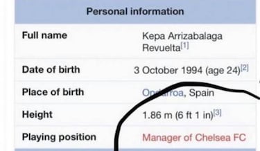 Hackean la p¨¢gina de Wikipedia de Kepa: "M¨¢nager del Chelsea"