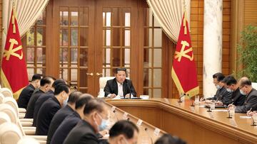 North Korean leader Kim Jong Un chairs a Worker's Party meeting on coronavirus disease (COVID-19) outbreak response in this undated photo released by North Korea's Korean Central News Agency (KCNA) on May 12, 2022. KCNA via REUTERS ATTENTION EDITORS - THIS IMAGE WAS PROVIDED BY A THIRD PARTY. REUTERS IS UNABLE TO INDEPENDENTLY VERIFY THIS IMAGE. NO THIRD PARTY SALES. SOUTH KOREA OUT. NO COMMERCIAL OR EDITORIAL SALES IN SOUTH KOREA.