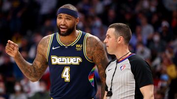 DENVER, CO - FEBRUARY 06: DeMarcus Cousins #4 of the Denver Nuggets talks with an official against the Brooklyn Nets at Ball Arena on February 6, 2022 in Denver, Colorado. NOTE TO USER: User expressly acknowledges and agrees that, by downloading and or using this photograph, User is consenting to the terms and conditions of the Getty Images License Agreement.   Jamie Schwaberow/Getty Images/AFP
== FOR NEWSPAPERS, INTERNET, TELCOS & TELEVISION USE ONLY ==